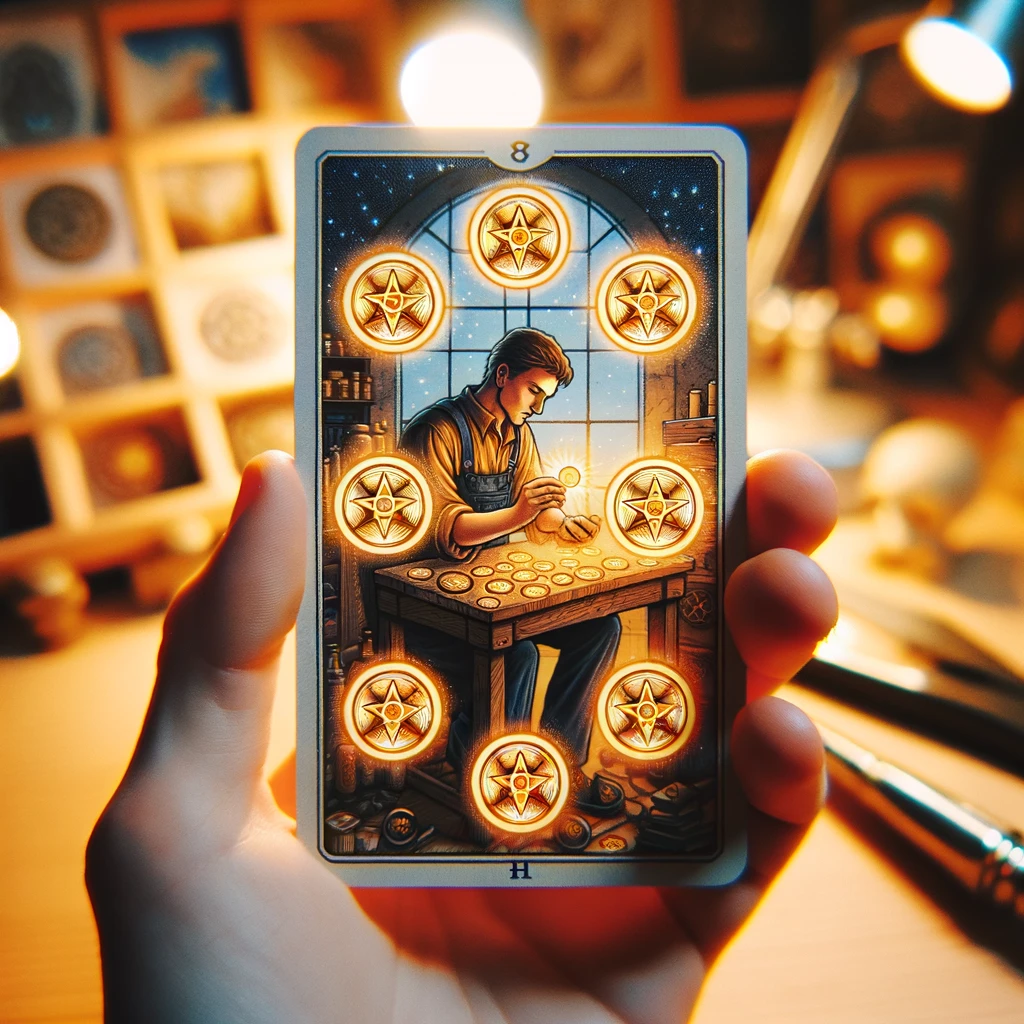 a focused individual working diligently at a craft, surrounded by eight glowing pentacles in a workshop, symbolizing dedication to skill development, strong work ethic, and the journey towards mastery in a craft or career.