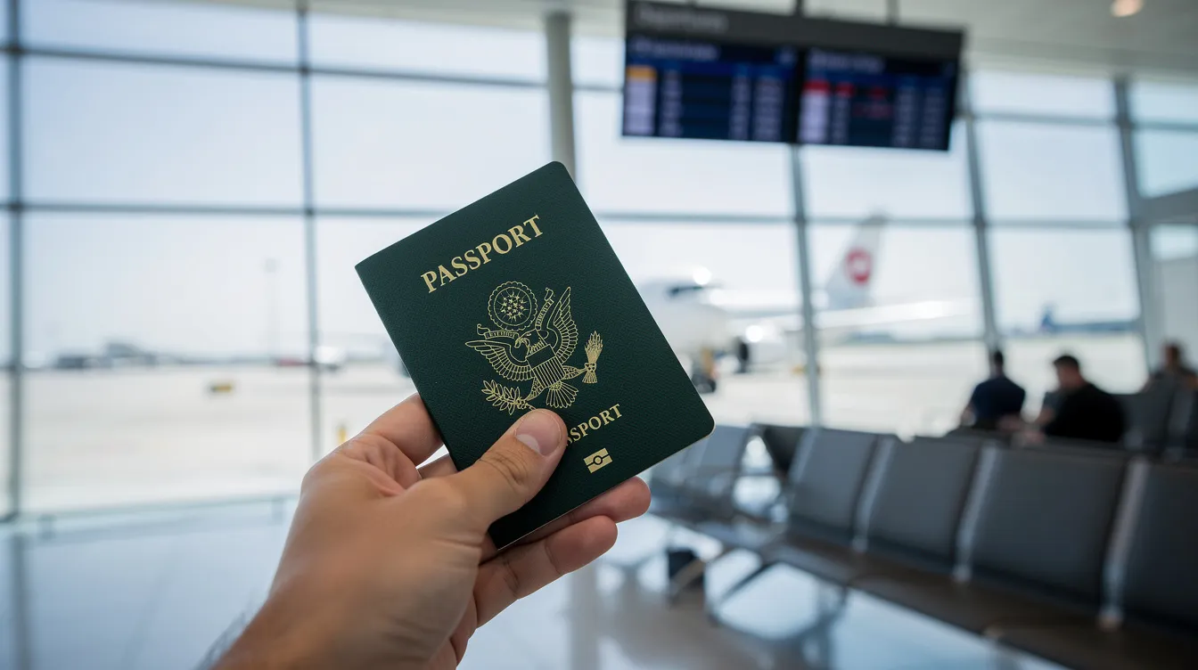 A hand is holding a dark green Pakistani passport booklet at an airport departure gate, symbolizing the journey of overseas Pakistanis. The passport, which is a machine-readable passport (MRP), signifies the importance of having the necessary travel documents, such as a national identity card and family registration certificate, for international travel.