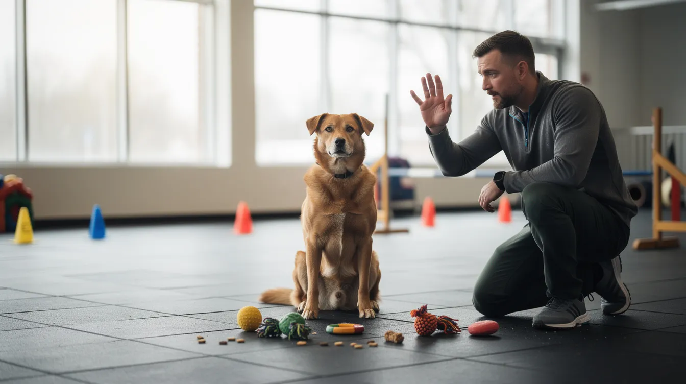 The image depicts a dog in a calm down position, patiently waiting for a treat held in an open hand above its head. The scene captures the essence of impulse control training, highlighting the dog's focus and self-control as it resists the urge to jump or move, demonstrating a successful training moment in a playful and engaging environment.