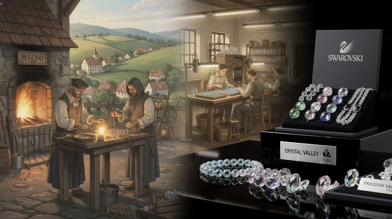 The image showcases a stunning collection of crystal beads from Preciosa, highlighting their rich history in jewellery making since 1548. A variety of shapes and colors, including teardrop and round designs, are displayed, perfect for jewellery makers looking to create elegant necklaces, bracelets, and earrings.