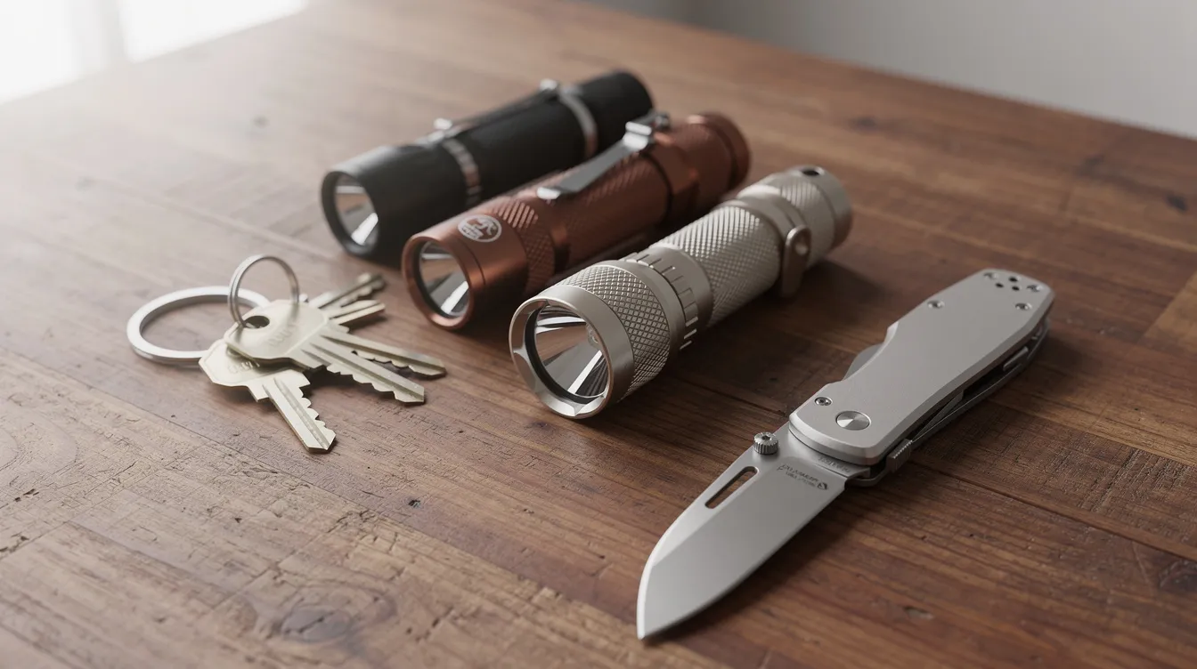 A variety of compact EDC flashlights are neatly arranged on a wooden table alongside a set of keys and a folding pocket knife. The flashlights feature different designs, including removable pocket clips and tactical tail switches, highlighting their functionality for everyday carry and outdoor use.