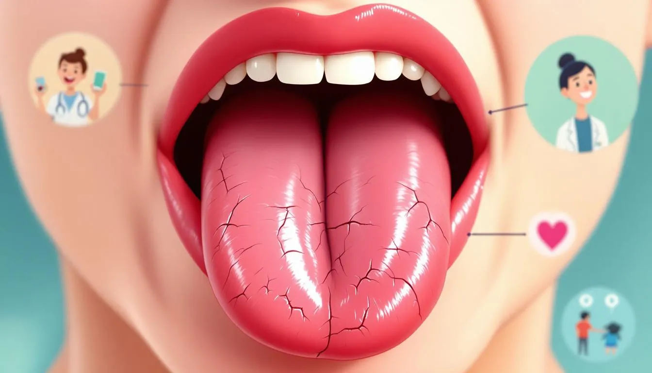A close-up image of a tongue showing fissured and cracked areas, highlighting its unique appearance.
