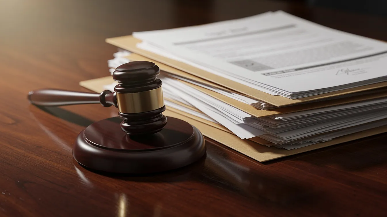 The image features a gavel resting on a polished wooden desk, accompanied by a stack of legal documents and folders, symbolizing the construction arbitration process and the resolution of construction disputes. This scene highlights the importance of arbitration agreements and the role of construction attorneys in navigating complex construction contracts and disputes.