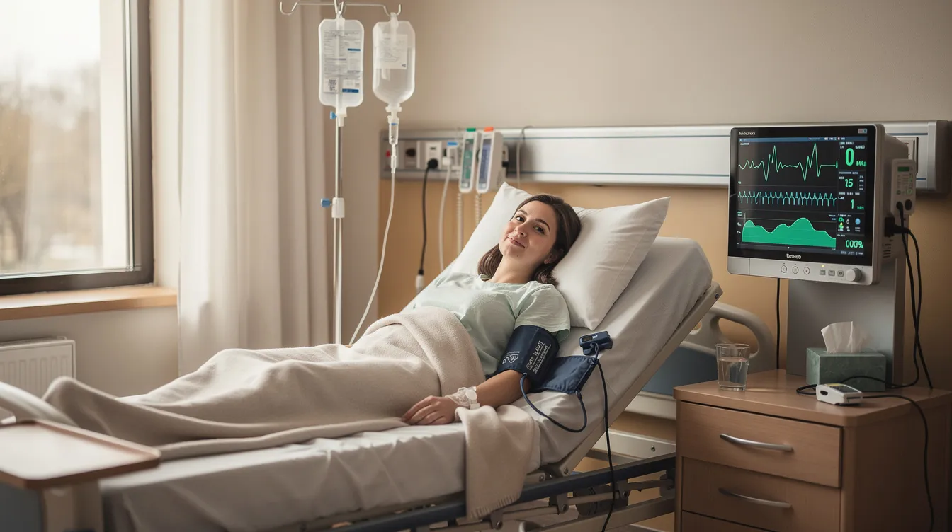 The image shows a patient recovering in a hospital bed, surrounded by various monitoring equipment that tracks their vital signs. This scene highlights the importance of proper medical care and the potential consequences of surgical errors or medical negligence in healthcare settings.