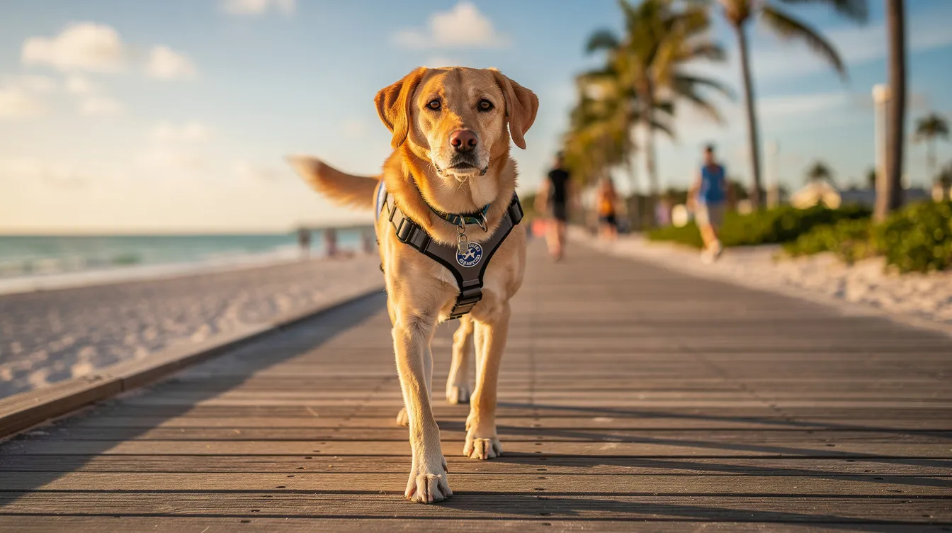 A calm service dog walks alongside its handler on a beach boardwalk in Florida, showcasing its training to assist individuals with disabilities. The dog exemplifies how a service animal can provide support in public spaces, adhering to the service animal rules outlined by the Americans with Disabilities Act.