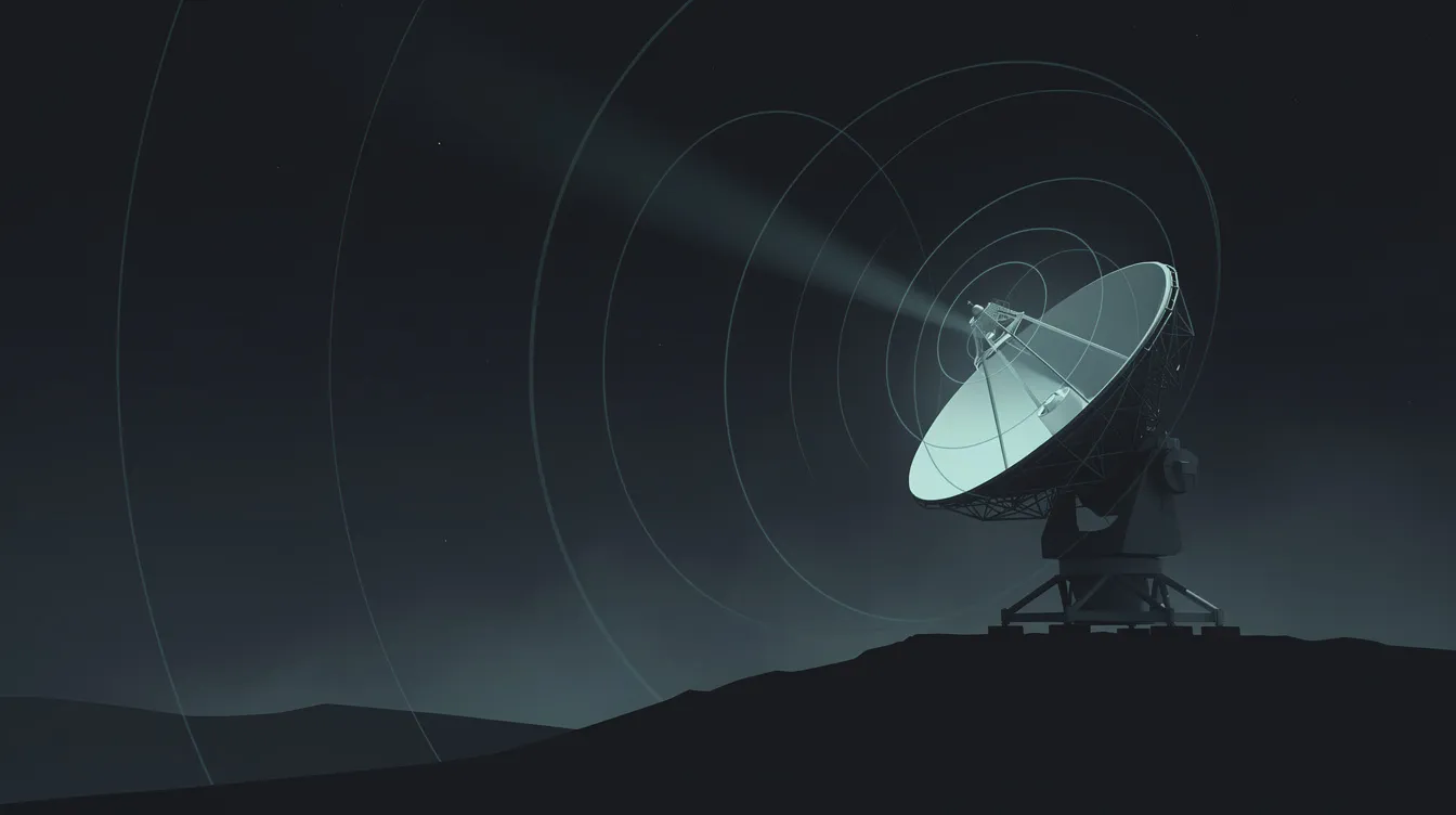 The image depicts a radar dish scanning a dark sky, representing proactive cyber threat hunting. This symbolizes the efforts of security teams to detect potential threats and hidden dangers in the organization's environment through advanced threat intelligence and automated security tools.