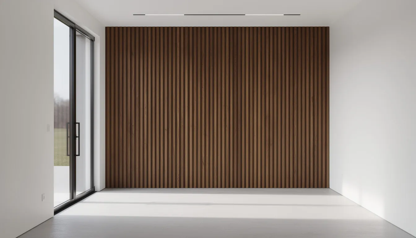 Een moderne hal met een stijlvolle uitstraling, voorzien van verticale houten lattenwand in gerookt eiken naast een glazen voordeur. Deze houten wandpanelen zorgen voor een natuurlijke uitstraling en een indrukwekkende eerste indruk bij binnenkomst.