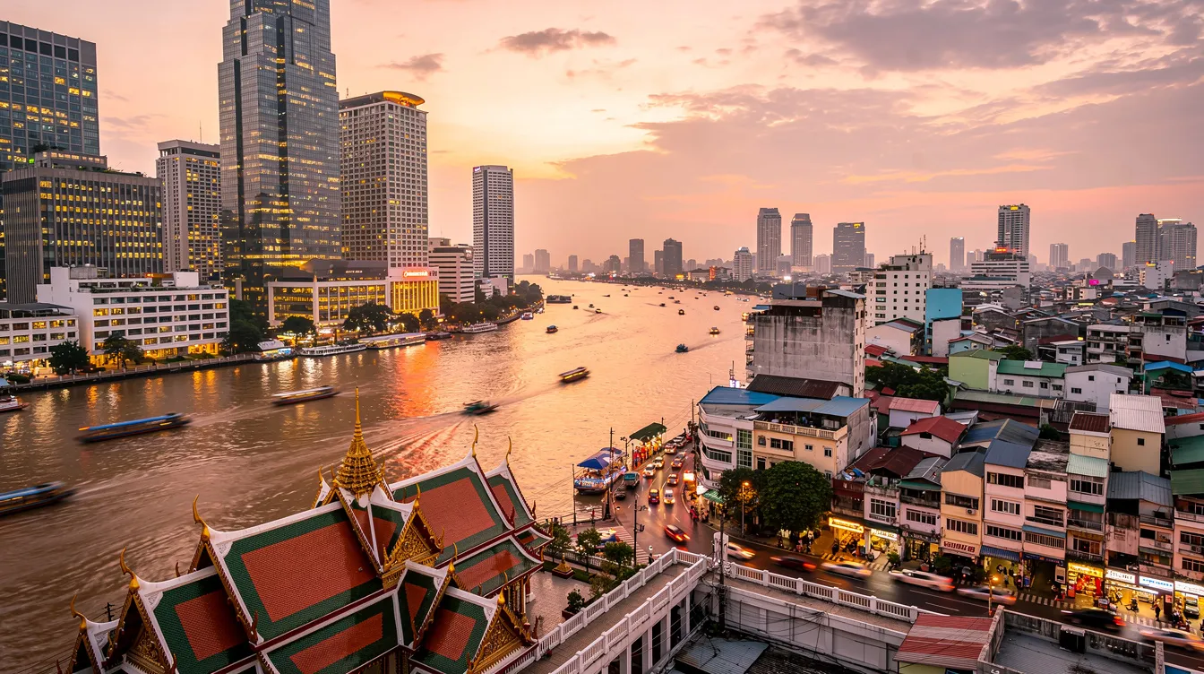 A imagem retrata a vibrante cidade de Bangkok, na Tailândia, com seus famosos templos budistas e a movimentada vida noturna. É um destino popular para turistas que buscam explorar a cultura tailandesa e aproveitar as praias e ilhas do sudeste asiático.