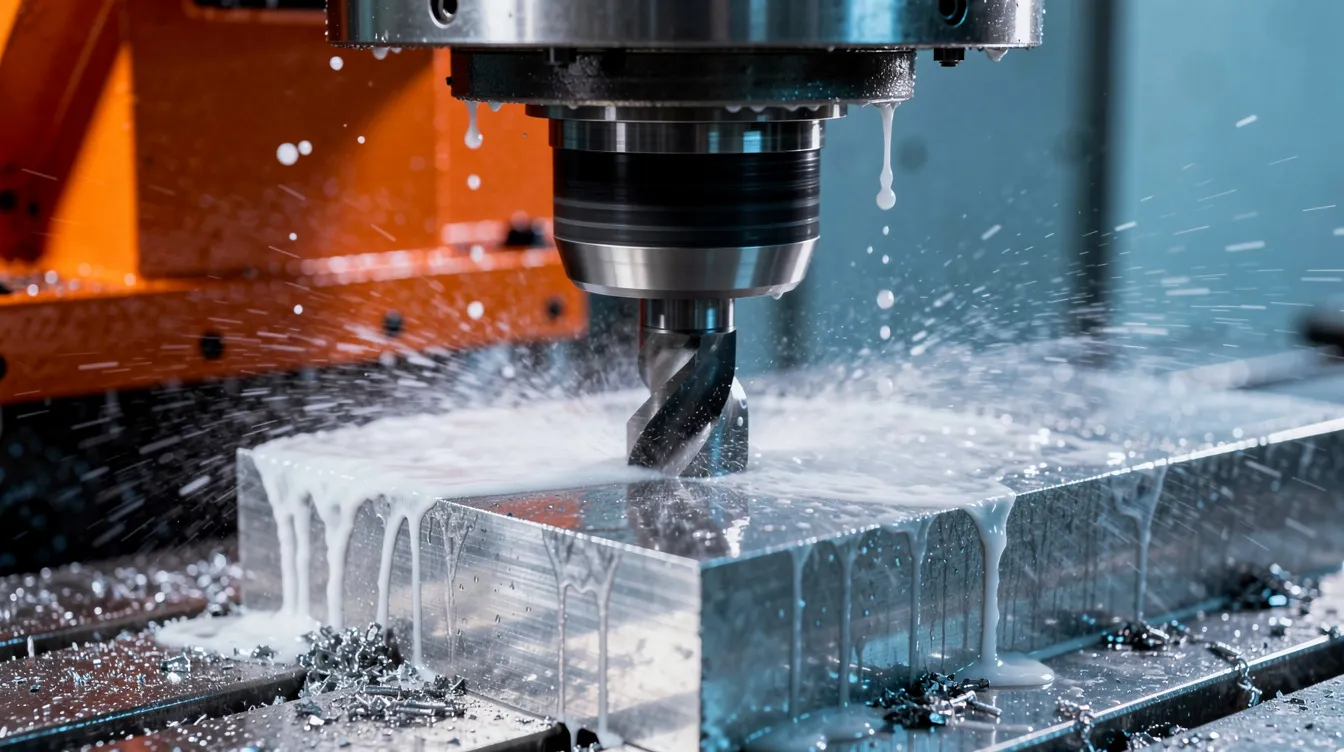 An industrial CNC milling machine is actively cutting a steel workpiece, with a coolant spray being applied to manage heat during the process. This setup illustrates the precision required in machining steel, highlighting the importance of maintaining tight tolerances and achieving a smooth finish in cold rolled and hot rolled steel applications.