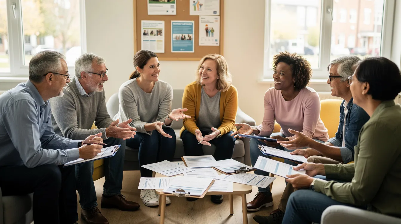 A diverse group of people, including Irish citizens and asylum seekers, are seated together in a bright community centre, engaged in conversation and sharing documents. This gathering reflects the values of inclusion and support for families and individuals navigating the immigration process in Ireland.