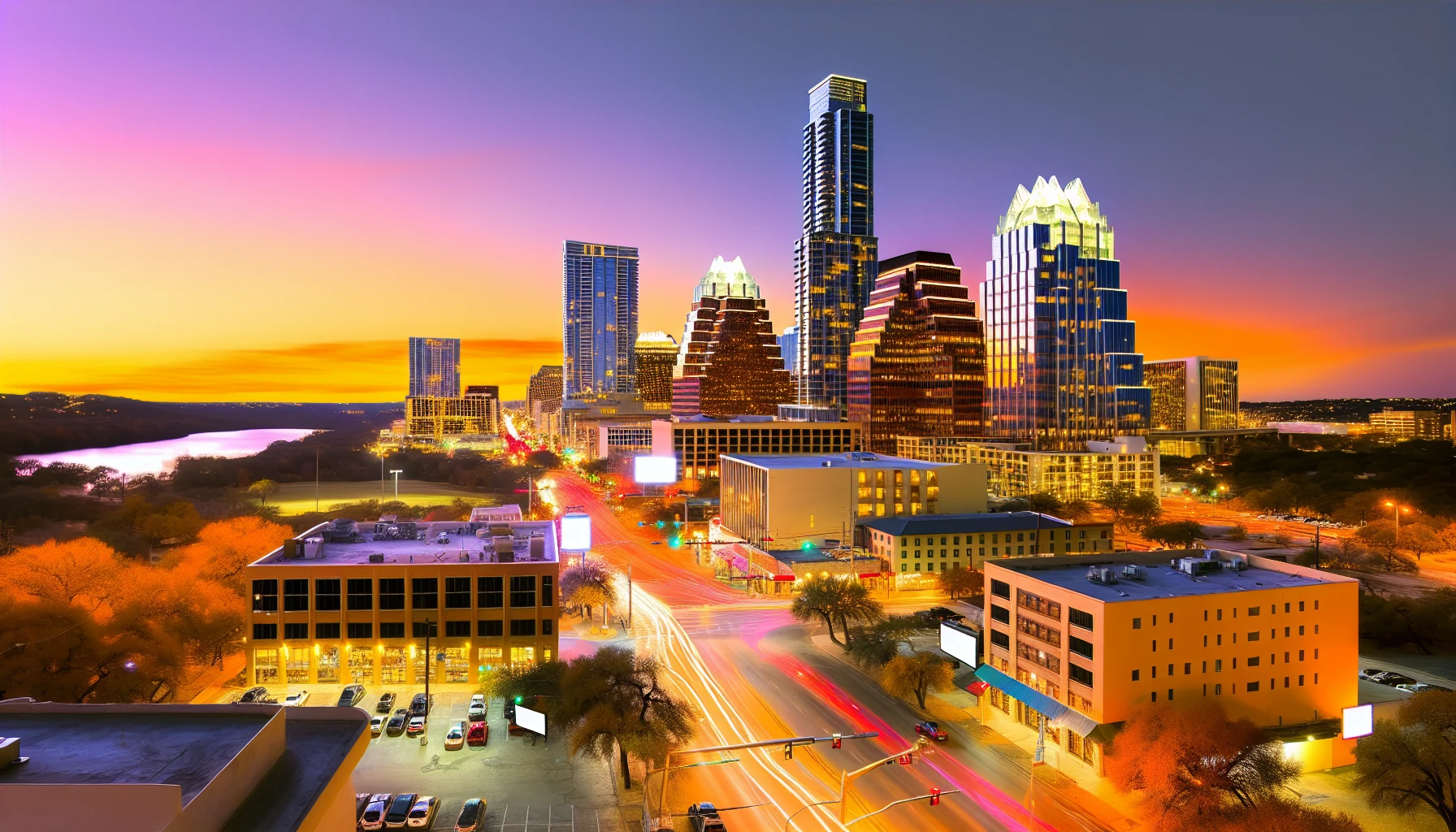 Austin city skyline at sunset with colorful buildings and traffic - The truth about moving in Austin local insights and honest reviews