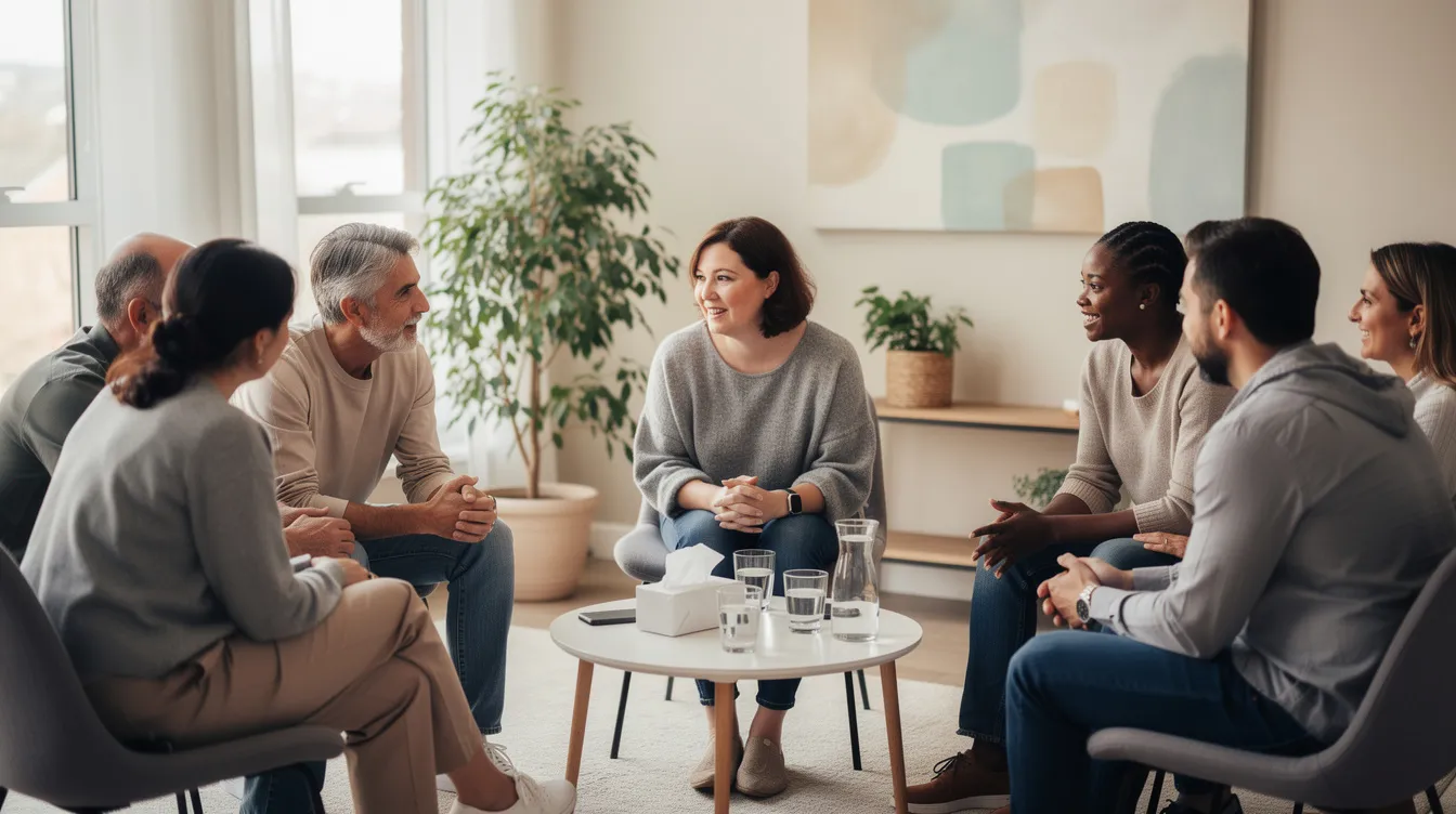 A diverse group of adults is seated in a circle within a therapy room, engaged in a supportive conversation that fosters emotional support and personal growth. The group therapy session, led by a mental health professional, creates a safe environment for members to share their experiences and develop coping strategies for various mental health concerns.