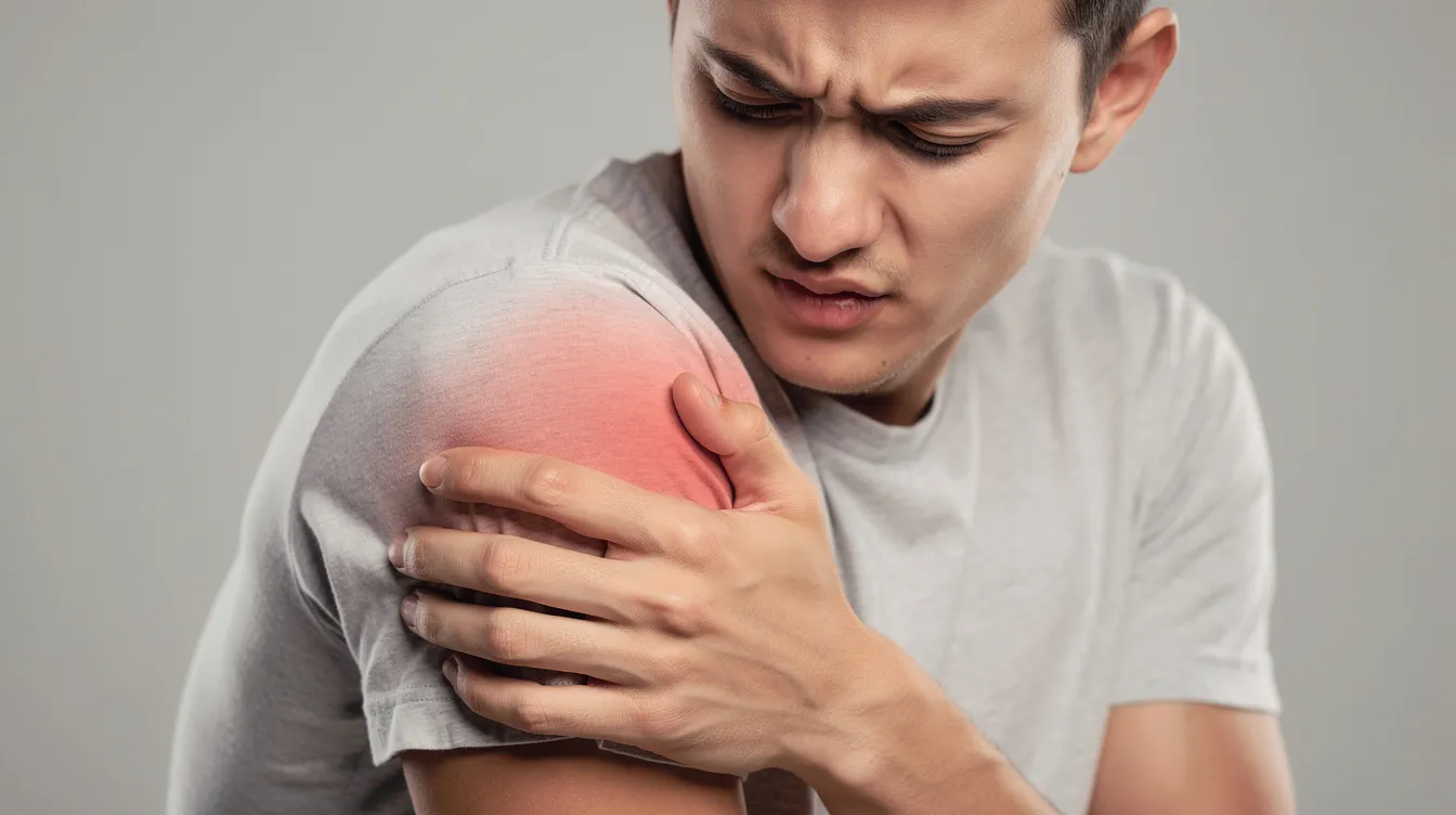 En person i medelåldern håller om sin axel och visar tydliga tecken på smärta. Bilden illustrerar symtom som kan relateras till tillstånd som artros eller inflammation i axelleden.