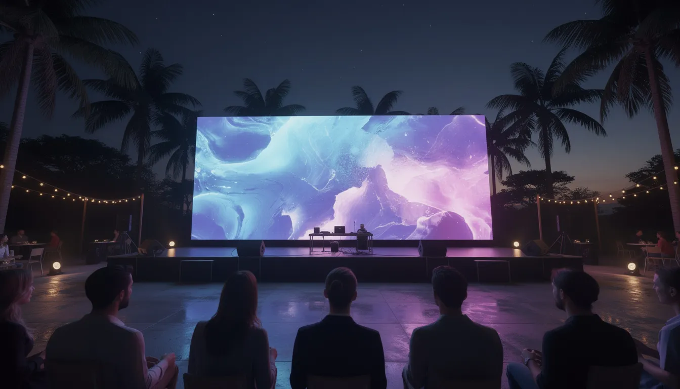 An outdoor evening event is illuminated by a large LED screen backdrop, with palm trees softly silhouetted in the background, creating a vibrant atmosphere. This setup highlights the importance of audio visual equipment in the event industry, ensuring an extraordinary experience for attendees.