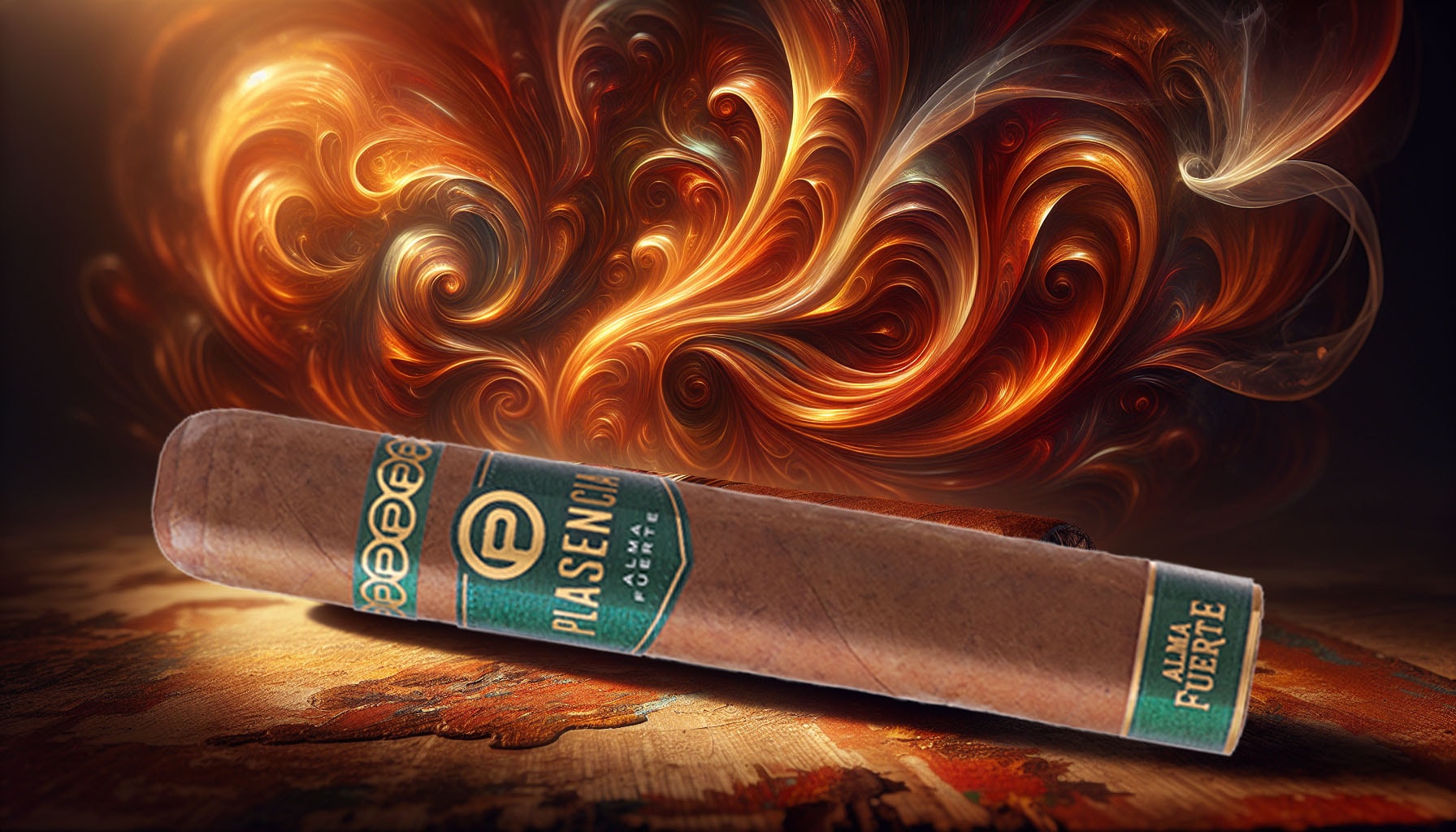 A vibrant illustration of a Plasencia Alma Fuerte Colorado Claro Robustus II cigar with a rich background.