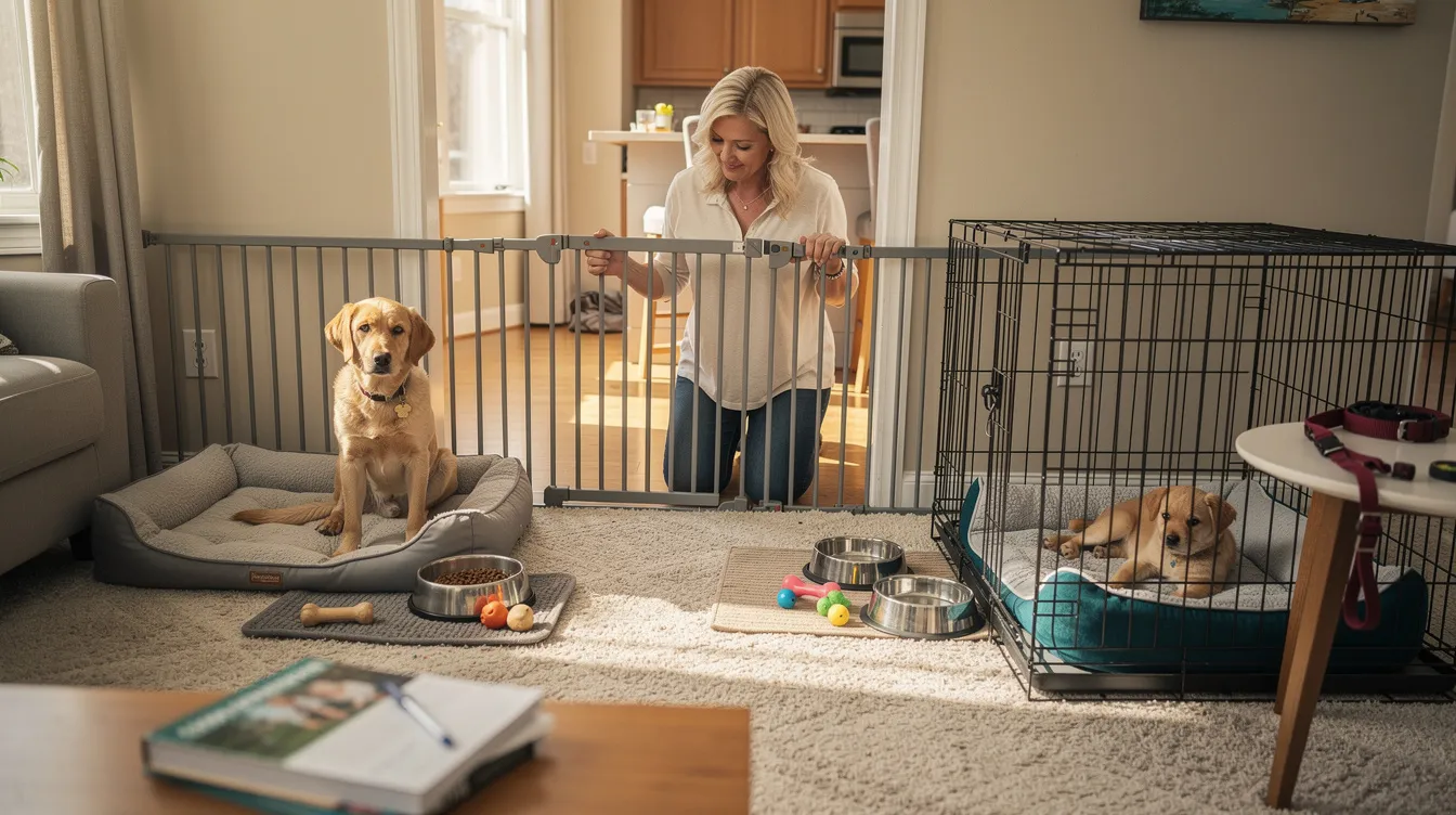 The image depicts a calm and serene setting where an older dog and a new puppy are being introduced in a neutral area, with a person nearby observing their body language. The older dog appears relaxed, while the puppy is playfully engaging, suggesting a positive first meeting as they begin to establish their relationship in a multi-dog household.