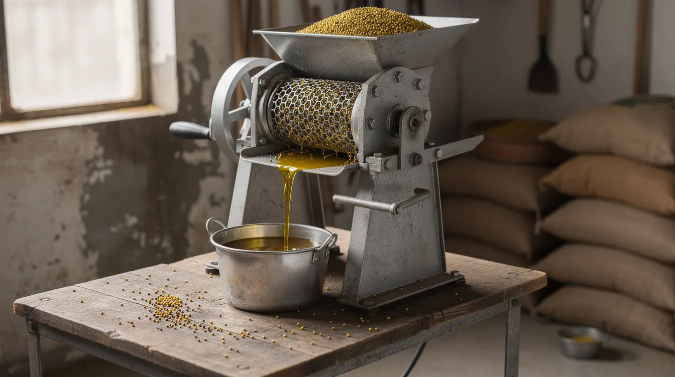 62cbe1c4 43b3 4477 b692 b8a35020aa23 The image shows a small oil expeller machine actively pressing mustard seeds in a workshop, highlighting the oil production process within the edible oil manufacturing industry. The setting emphasizes the importance of raw materials in the cooking oil business, showcasing the machinery used to extract high-quality mustard oil.