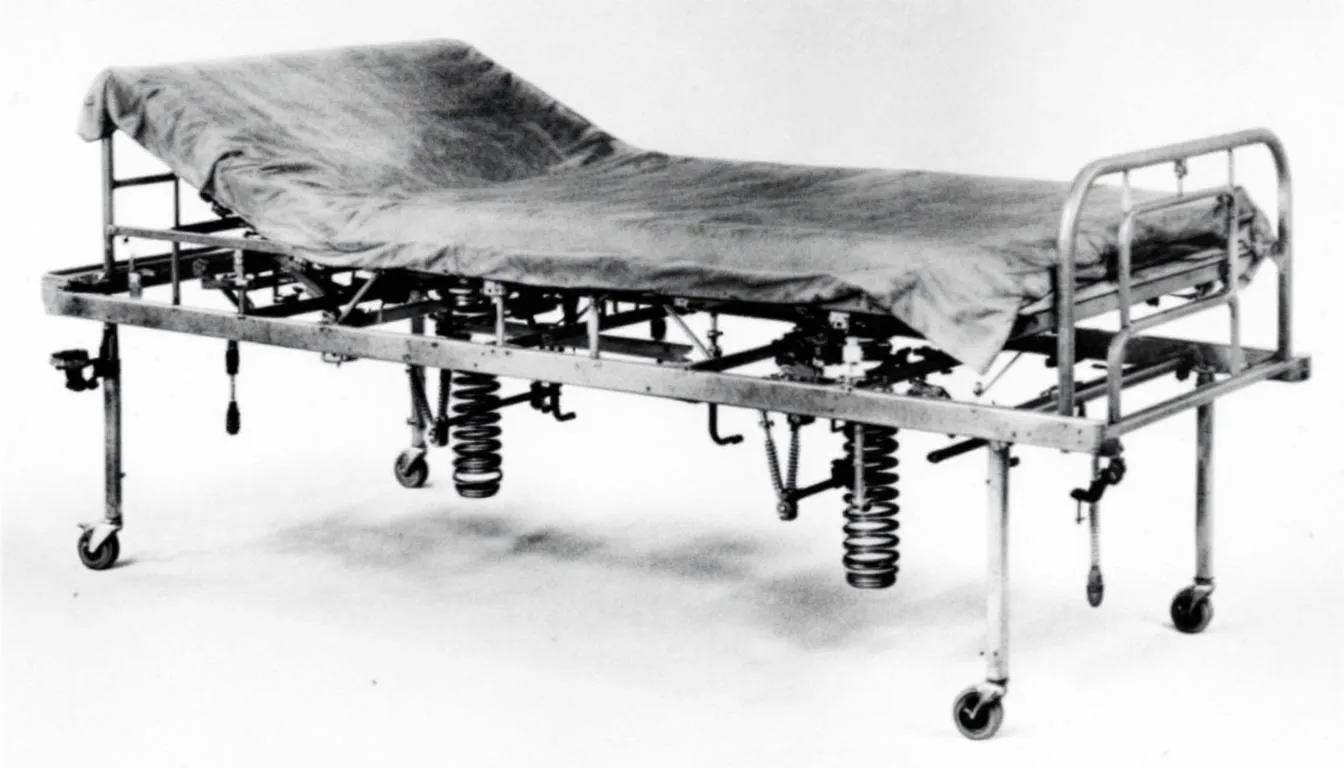 The historical black and white image depicts an early hospital bed featuring attached springs, illustrating the origins of modern Pilates Cadillac equipment. This sturdy metal frame, with its innovative spring resistance, laid the groundwork for the development of advanced Pilates exercises and body awareness techniques used in contemporary fitness practices.