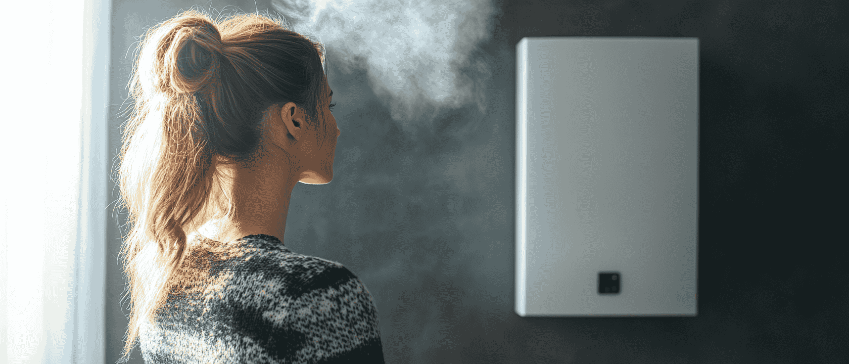 A homeowner is facing a white boiler mounted on the wall, which is making various noises, 