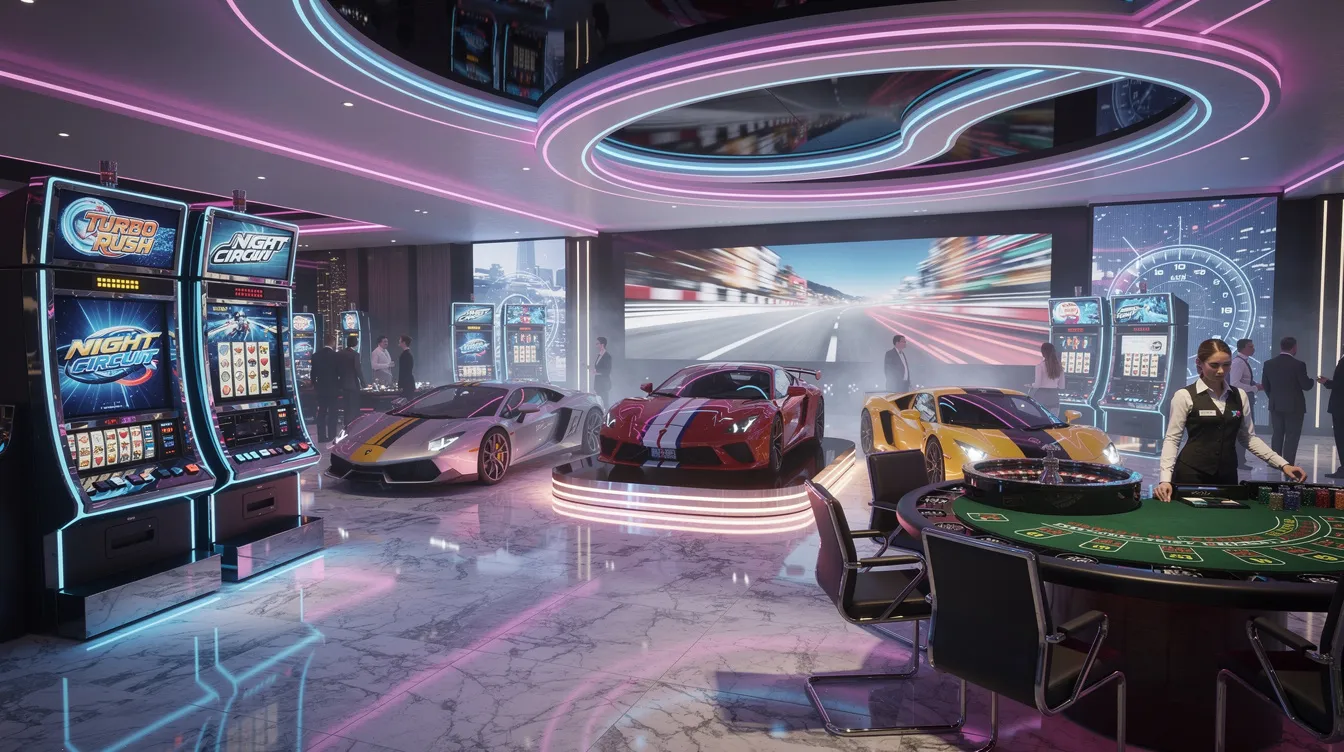 The image depicts a racing-themed casino lobby illuminated by vibrant neon lights, featuring sleek, modern cars that enhance the energetic atmosphere. This exciting setting invites guests to explore various casino games and enjoy an enjoyable gaming experience.