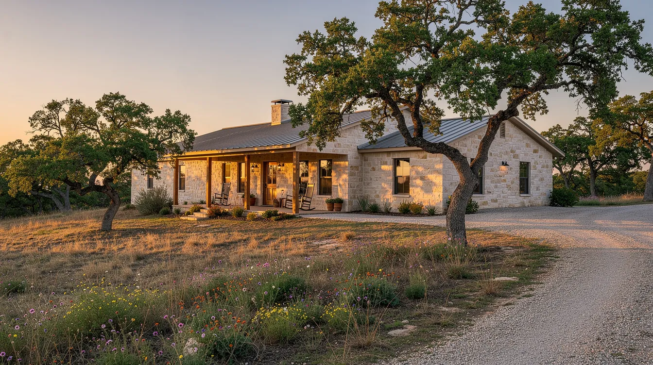 A cozy stone ranch house is surrounded by lush green live oak trees in the Texas Hill Country, beautifully illuminated by the golden hour light. This peaceful setting provides a perfect backdrop for families considering non-medical home care services for their aging parents, ensuring they can live comfortably and safely at home.