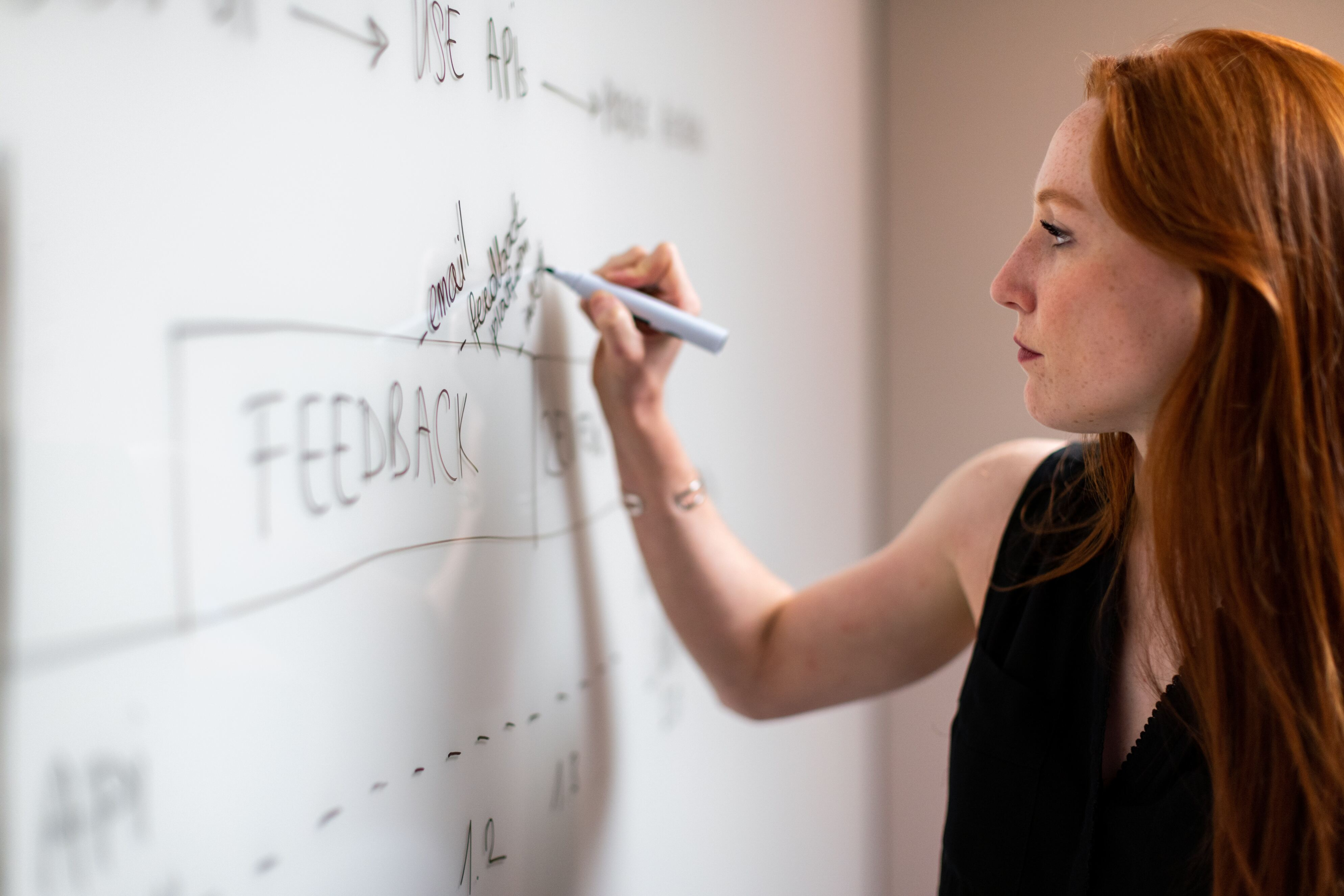 Zijaanzicht van vrouw die op een whiteboard schrijft