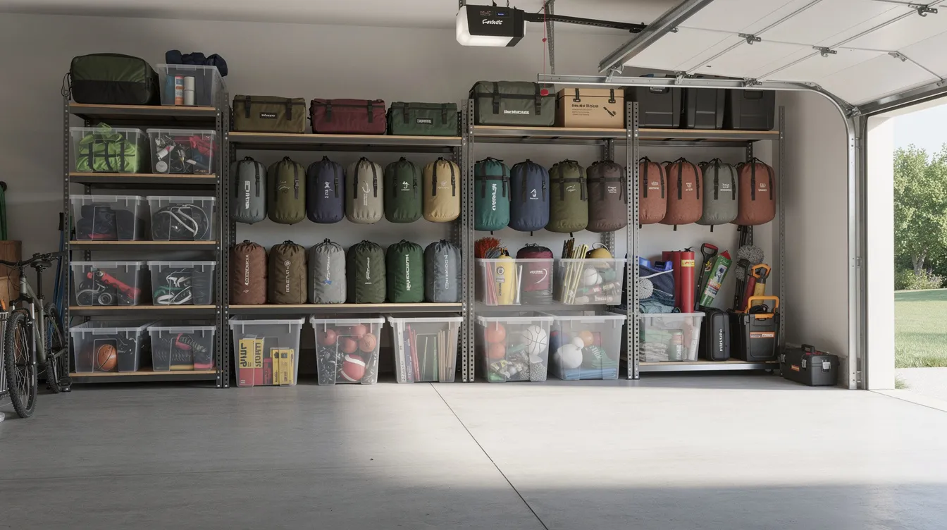 The image features clear gear bins and stuff sacks neatly organized in a garage, showcasing a variety of essential items for outdoor activities. This well-arranged system ensures easy access to durable equipment, perfect for camping and hiking adventures.
