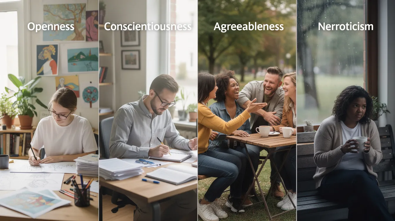 The image features a diverse group of real people engaged in a discussion about the "Big Five Personality Traits," showcasing their unique personality traits and differences. Each individual expresses various emotions, reflecting the broad dimensions of human personality and the impact of personality assessments on understanding personal behavior.