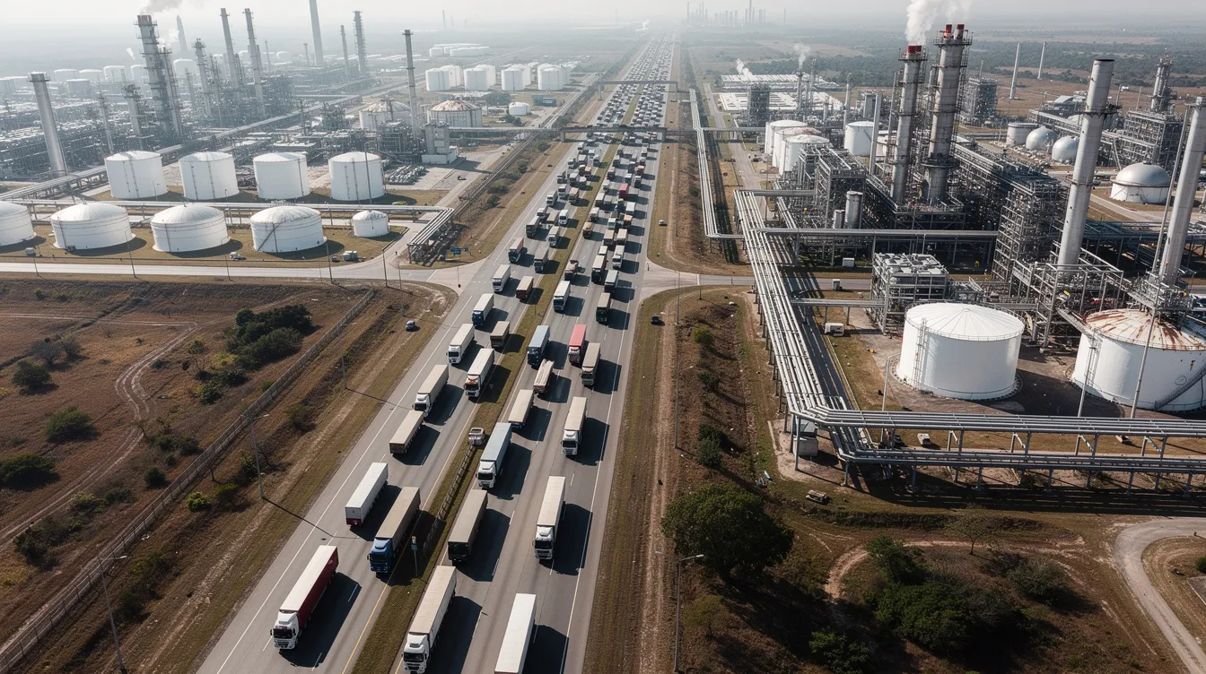 An aerial view captures a busy industrial corridor featuring multiple lanes of commercial trucks near large petrochemical facilities. The scene highlights the significant presence of heavy vehicles, which can be involved in serious accidents, including garbage truck accidents, emphasizing the importance of legal representation from a baytown truck accident lawyer for those affected.