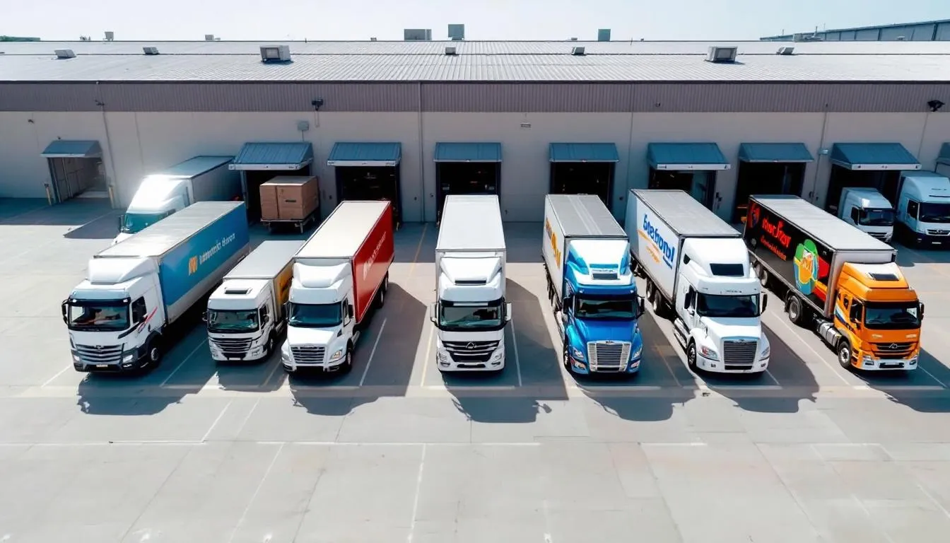 L'image montre plusieurs camions de livraison provenant de différents transporteurs alignés devant un centre de distribution. Cette scène illustre le processus d'expédition dans le secteur du commerce électronique, mettant en avant les options de livraison et les coûts associés pour les entreprises.