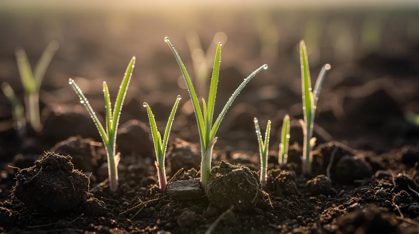 The image shows young grass seedlings emerging from rich soil, glistening with morning dew, indicating the start of a healthy lawn. These vibrant green shoots represent the perfect solution for filling bare patches and ensuring strong roots for lush growth in the garden.