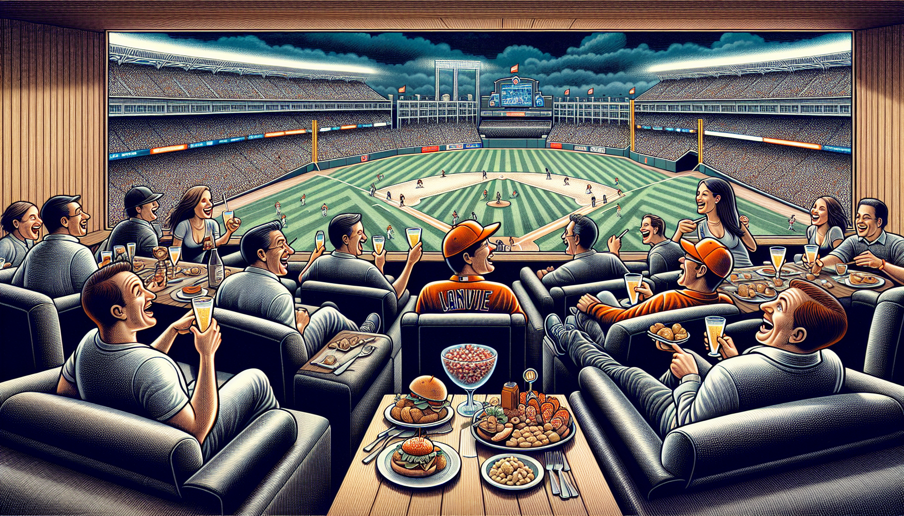 Illustration of a group enjoying the exclusive experience of luxury suite seating at a baseball game