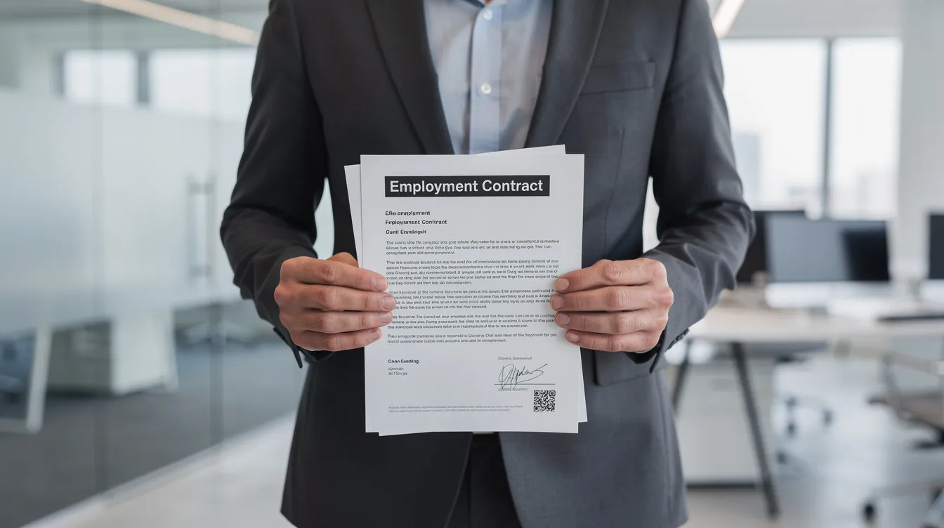 A person is standing in a modern office setting, holding employment documents that likely pertain to a 公務員 職位. The background features sleek furniture and large windows, suggesting a professional environment ideal for 新入 職 opportunities.