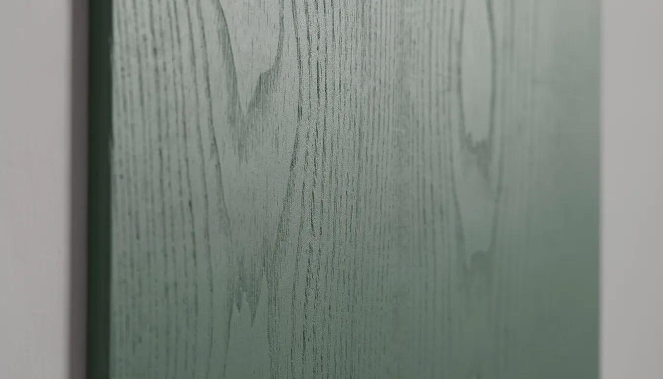 Close-up van een groen wandpaneel met een matte afwerking en zichtbare houtnerf, dat een natuurlijke uitstraling geeft aan het interieur. Dit akoestische paneel is ontworpen voor eenvoudige montage en biedt een betere akoestiek in de ruimte.