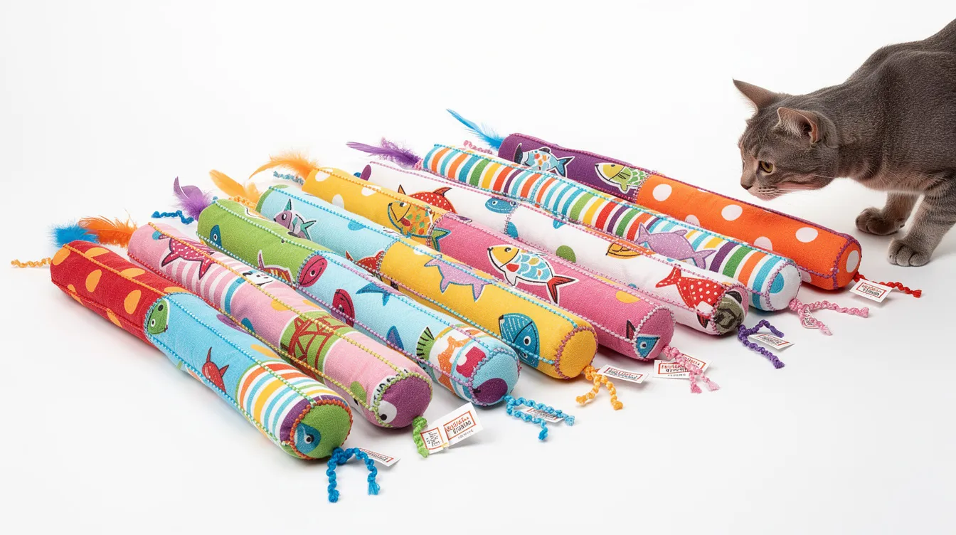 The image features a variety of colorful cat kicker toys, designed as soft pillows filled with fresh catnip, perfect for playful cats to kick and bite. These durable kicker toys are crafted for mental stimulation and entertainment, making them ideal for cat owners looking to keep their feline friends engaged.
