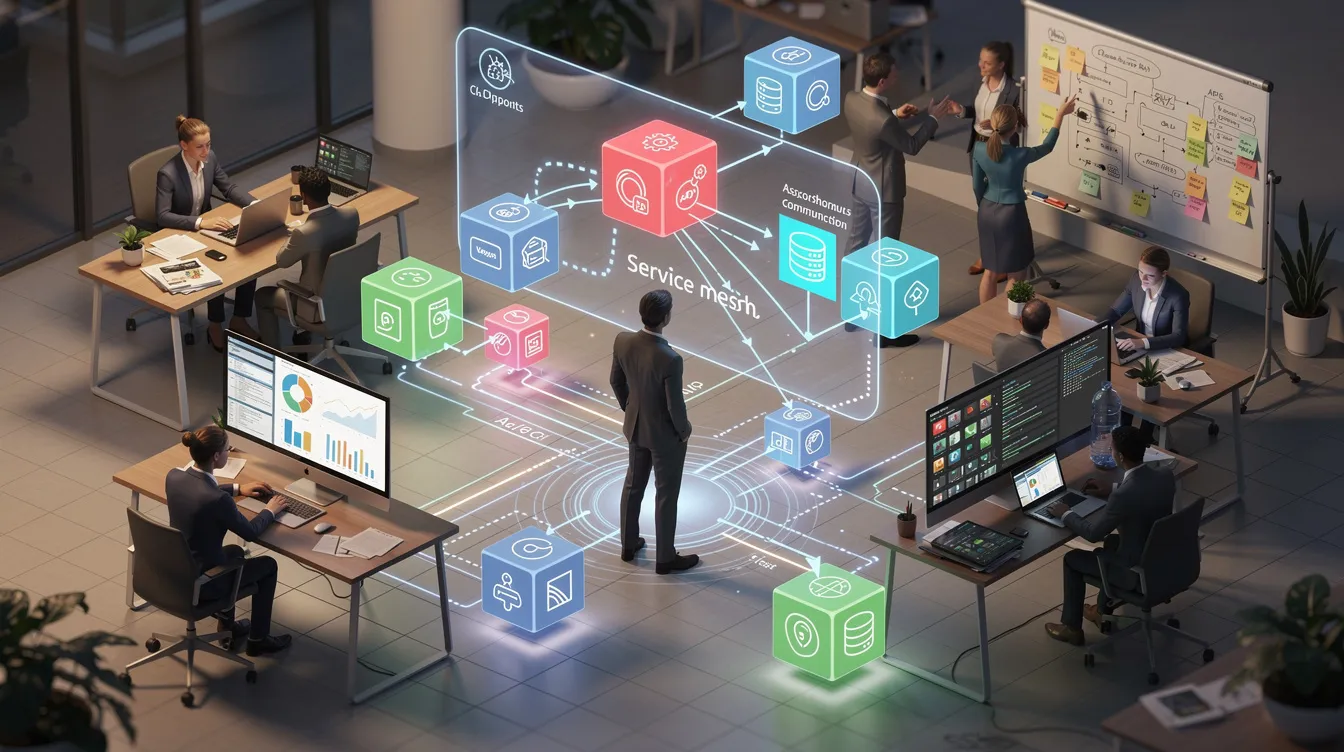 The image depicts a diverse team collaborating on the coordination of various autonomous software components, showcasing multiple agents working together within an agent framework. They are engaged in discussions about multi-agent orchestration and the integration of different tools to enhance agent behavior and performance in complex workflows.