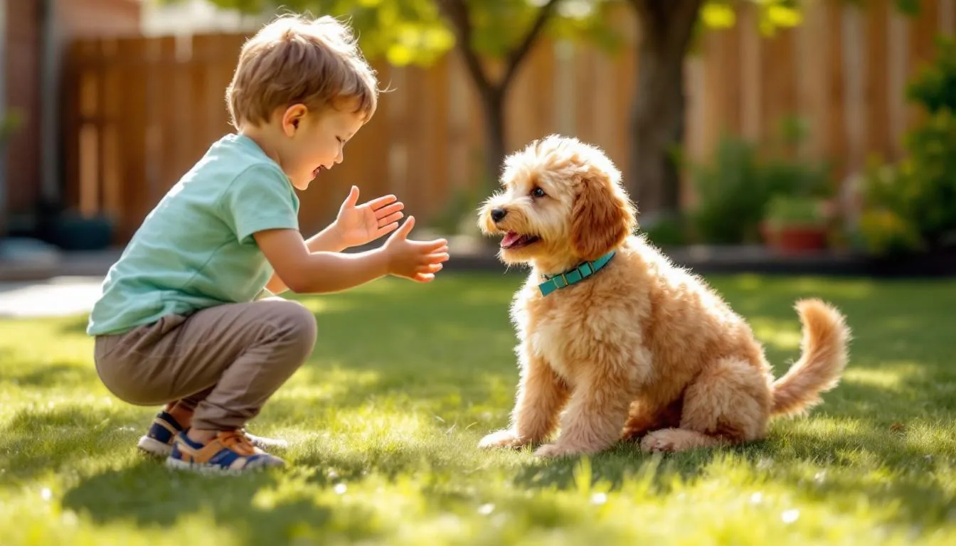 In a sunny backyard, a playful miniature goldendoodle engages gently with young children, showcasing its friendly temperament and affectionate nature. The scene captures the joy of a family pet, highlighting the bond between the kids and their new furry friend.