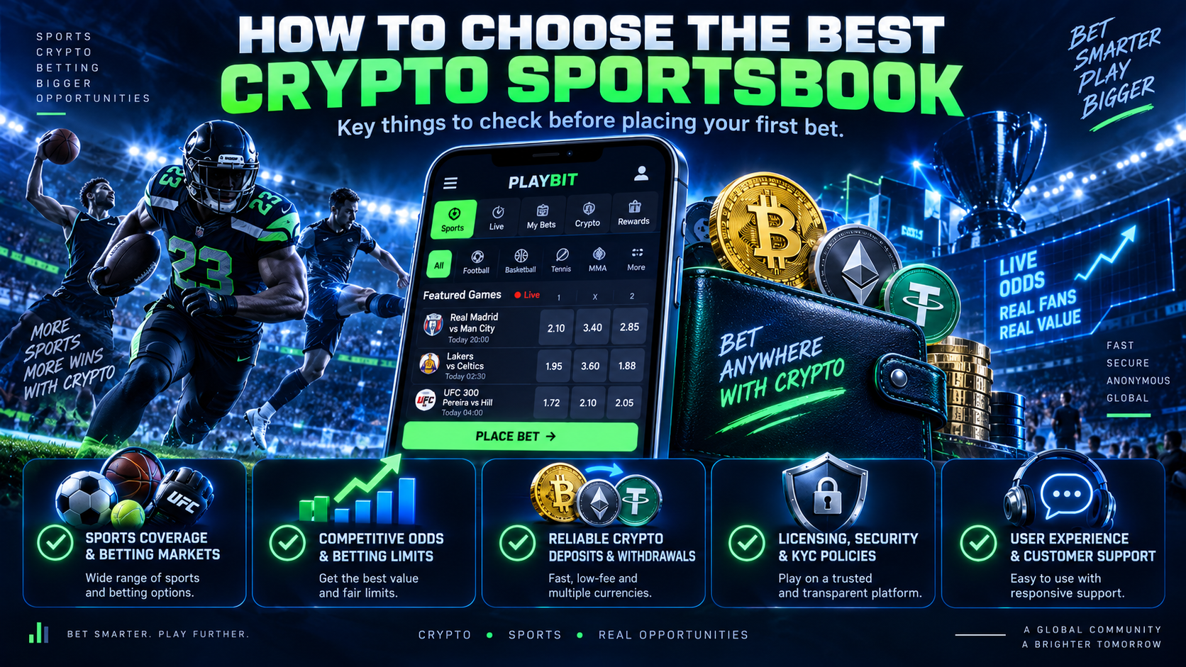 Infographic explaining how to choose the best Bitcoin betting sites based on odds, security, payment methods and customer support.