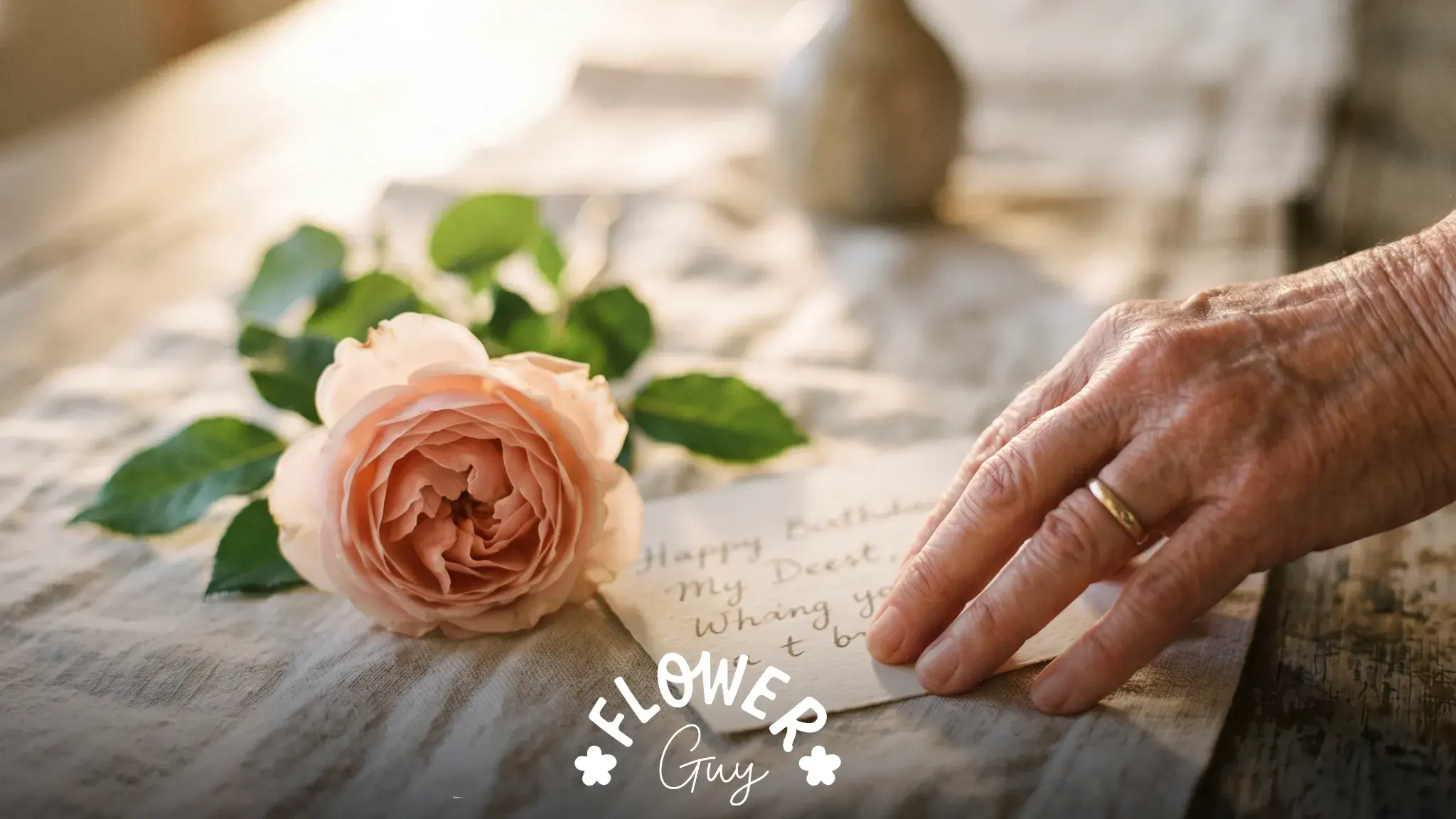 Macro close-up of grandmother's hand placing touching birthday card next to soft blush peony bloom
