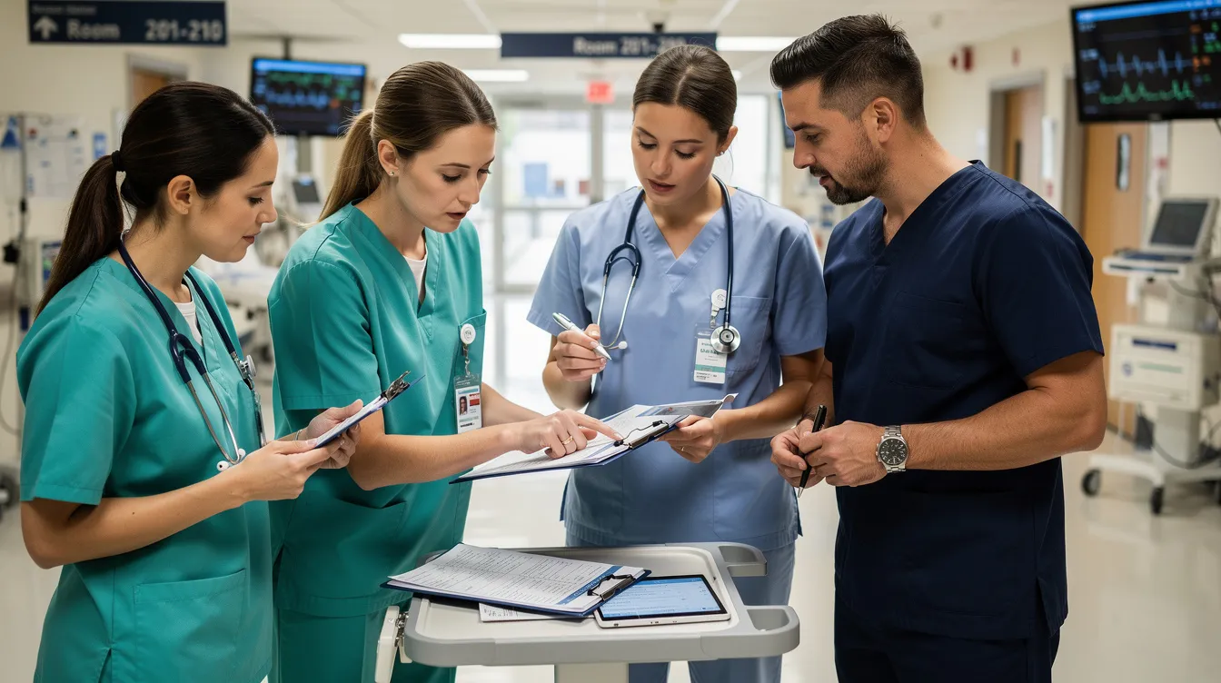 The image shows a group of medical professionals in scrubs, focused on reviewing patient charts in a hospital environment, highlighting the importance of medical care and documentation for injury victims, particularly in cases like colorado car accident claims. Their collaboration is essential for assessing medical expenses and ensuring fair compensation for patients' pain and suffering.