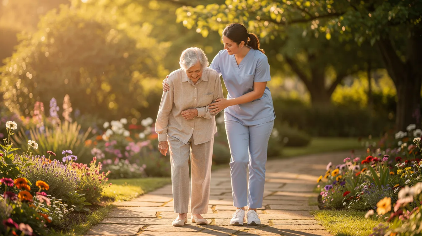 A caregiver is assisting an elderly person as they walk through a sunny garden filled with vibrant flowers and greenery. This scene reflects the importance of support and companionship, similar to the assistance needed for foreign workers navigating the process of obtaining residency in Italy, including family reunification and understanding the required documentation.