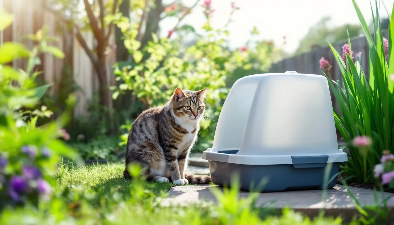 Een kat gebruikt een outdoor kattenbak, speciaal ontworpen voor grote kattenrassen, in een groene tuinomgeving. De kattenbak heeft een waterdichte plastic kap en een grote opening, waardoor de kat gemakkelijk toegang heeft en zijn ontlasting kan begraaft.