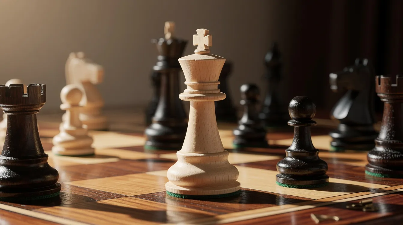 L'image montre un échiquier en bois avec des pièces d'échecs soigneusement disposées, où une pièce blanche se trouve en position dominante, symbolisant une stratégie gagnante. Ce visuel évoque des concepts de management stratégique et d'allocation de ressources, essentiels pour un chef d'entreprise.