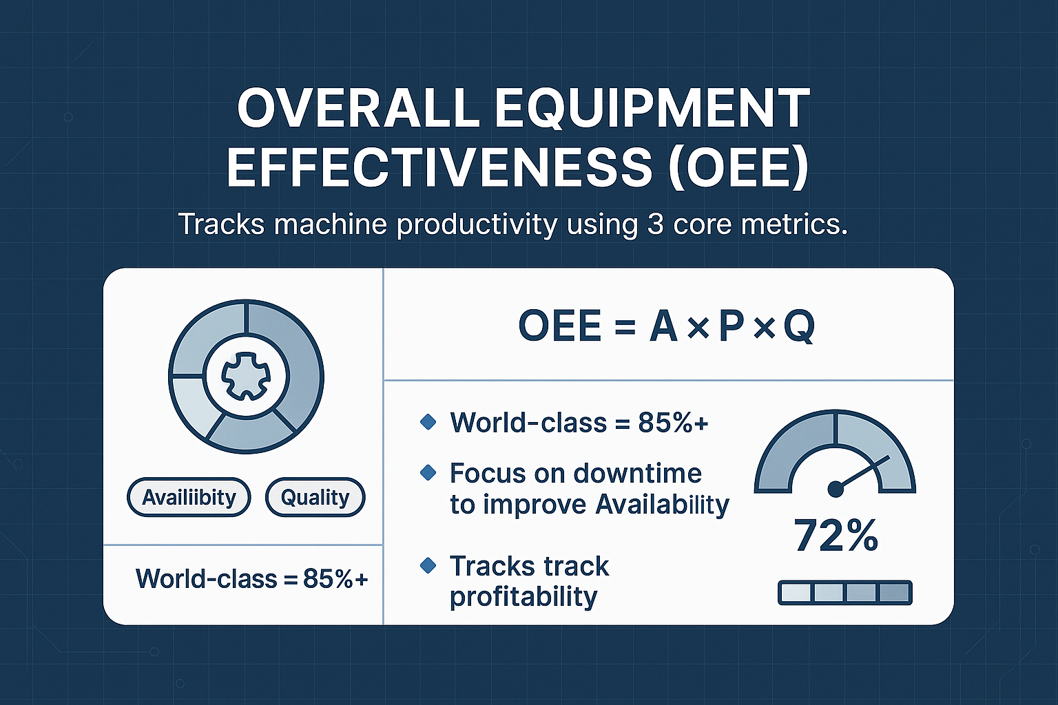 Infographic titled "Overall Equipment Effectiveness" with a dial divided into Availability, Performance, and Quality. Formula: "OEE = A × P × Q." Tips mention world-class score of 85%+ and improving downtime. Footer shows a gauge at 72% effectiveness.
