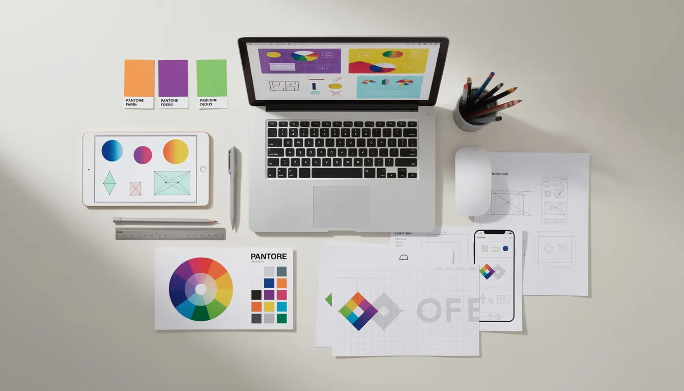 The image visually represents the essence of graphic design, showcasing various elements like color theory, typography, and layout through examples of logos, web pages, and printed images. It highlights the creative process of graphic designers and web designers, illustrating their roles in crafting visual content and user interfaces for both digital and print projects.