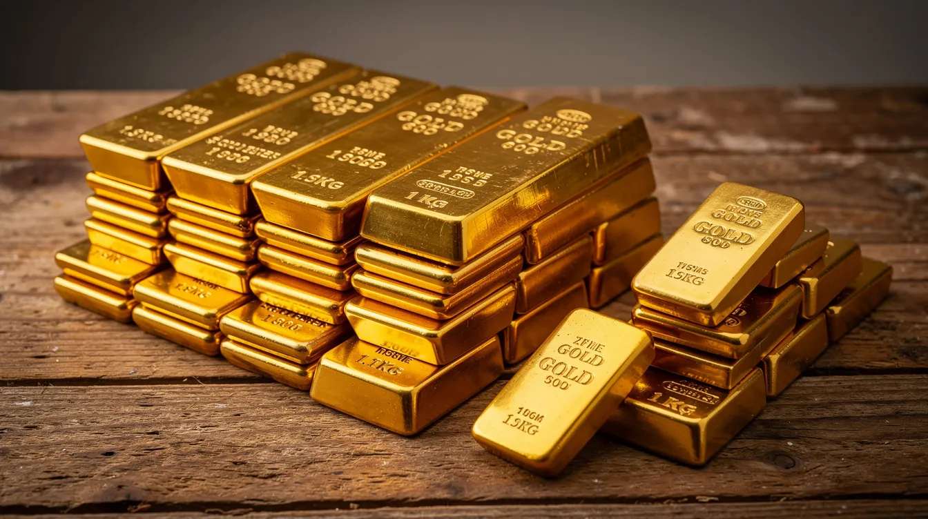 Auf einem Holztisch sind gestapelte Goldbarren verschiedener Größen von 1 Gramm bis 1 Kilogramm zu sehen. Diese Goldbarren repräsentieren eine wertvolle Geldanlage und sind eine Form von physischem Gold, die Anleger für ihre Investitionen wählen können.