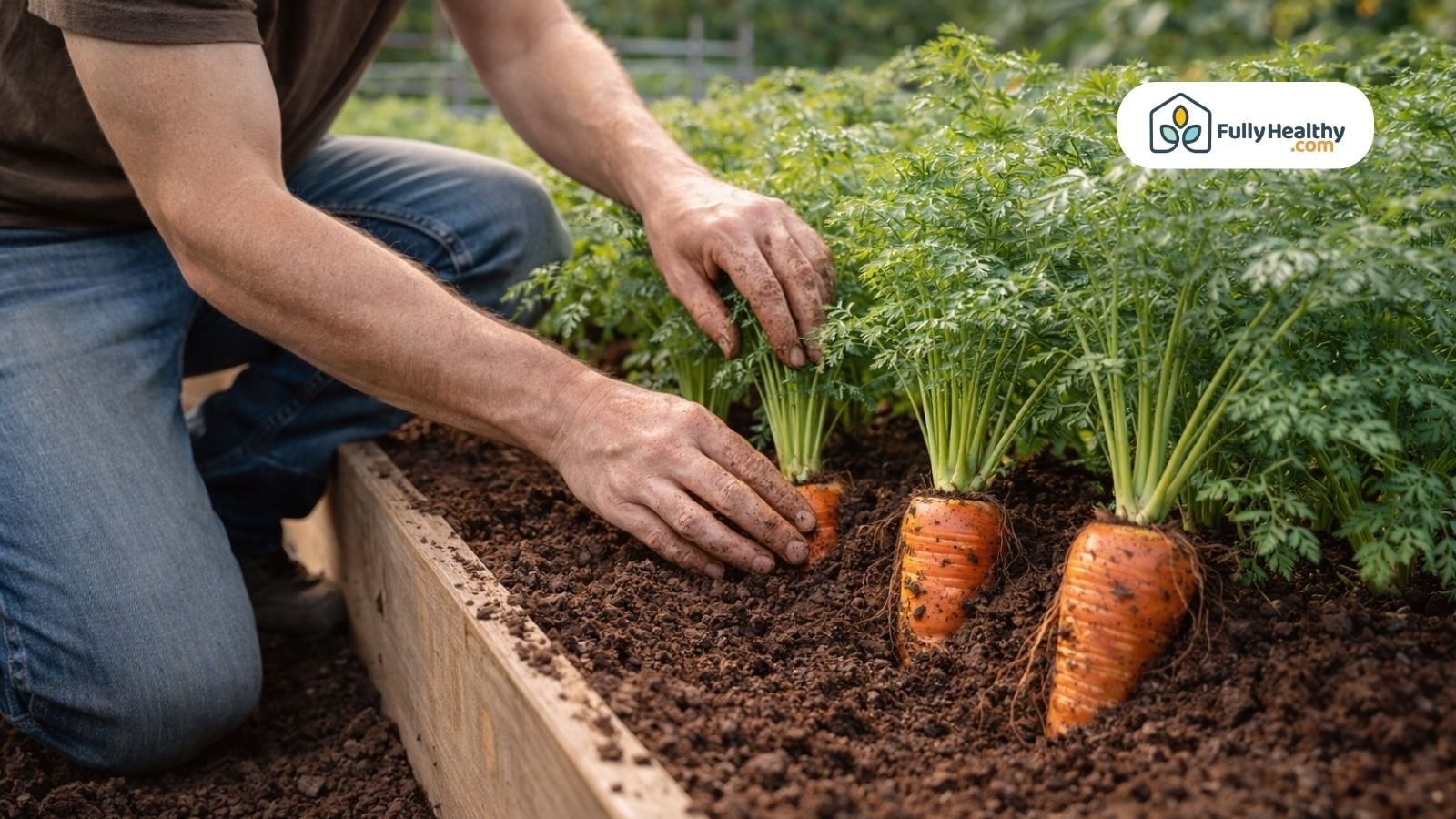 Gardener checking carrot size by gently brushing soil from tops