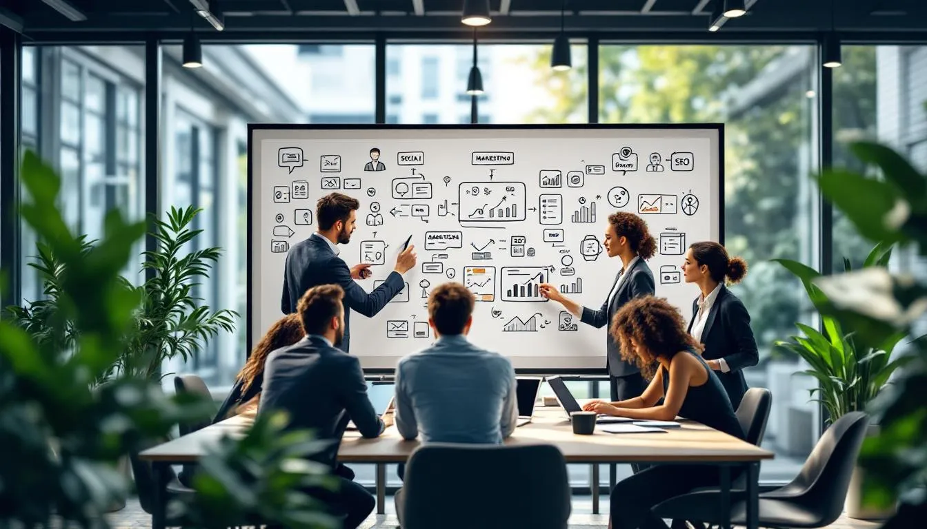 The image illustrates the significance of effective digital marketing strategies, showcasing various elements such as social media management, content marketing, and tailored solutions offered by leading digital marketing agencies. It highlights how these bespoke digital marketing strategies can enhance online visibility and drive business growth for ambitious brands.