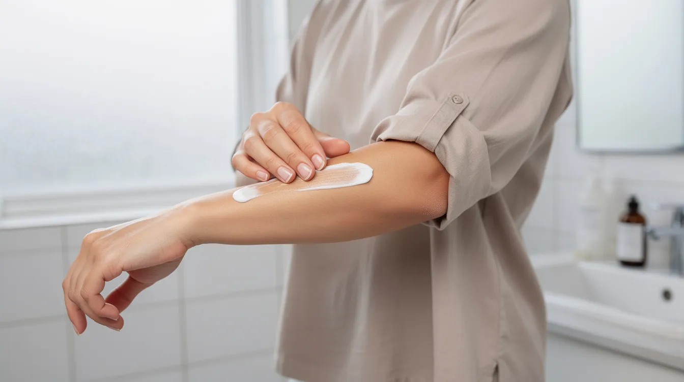 A person is applying moisturizer to their inner arm in a bathroom setting, focusing on improving skin quality and texture. This routine may be particularly beneficial for individuals who have undergone brachioplasty surgery to remove excess skin and achieve a more contoured appearance after significant weight loss.