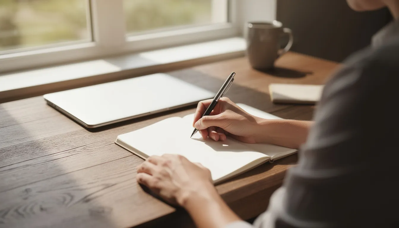 A person is sitting at a wooden desk, writing in a paper notebook under natural lighting, creating an effective to do list to manage their important tasks. The scene captures a moment of focus and productivity, emphasizing the importance of organizing daily and weekly to do's for successful project management.
